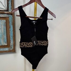 Hera Collection Black ribbed Bodysuit with Leopard Accent NWT S